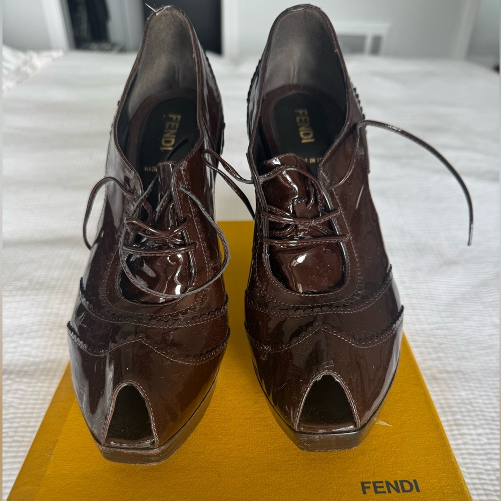 Fendi Women's Brown Patented Leather Peep-Toe Bootie